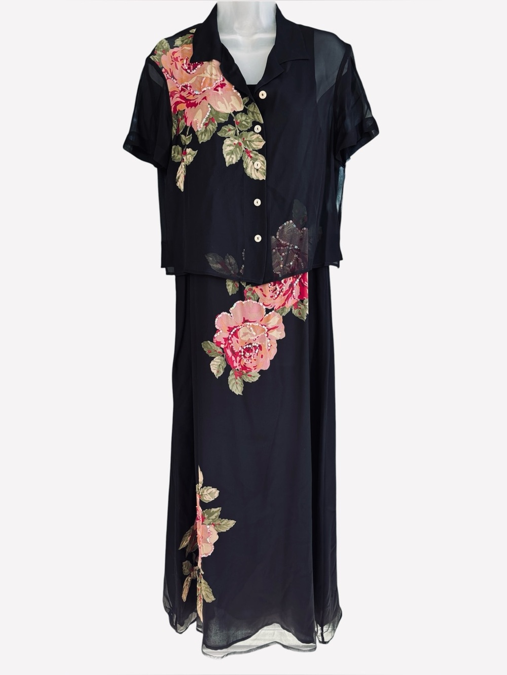 Vintage 2 Piece Robbie Bee 100% Silk Black Floral Sequin Dress Size 8 Whimsical